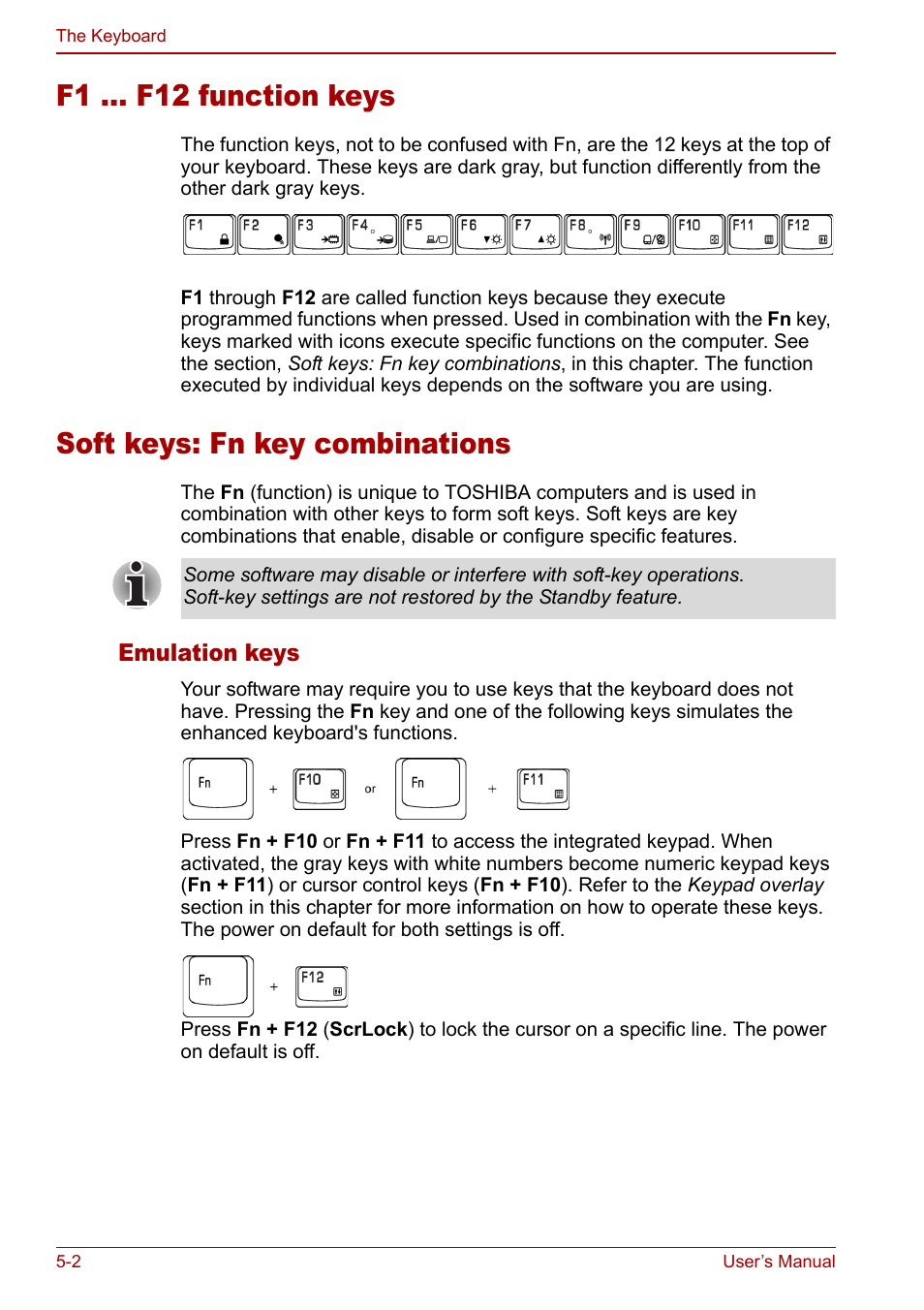 F1 ... f12 function keys, Soft keys: fn key combinations, Emulation keys | Toshiba Equium M40X User Manual | Page 100 / 170