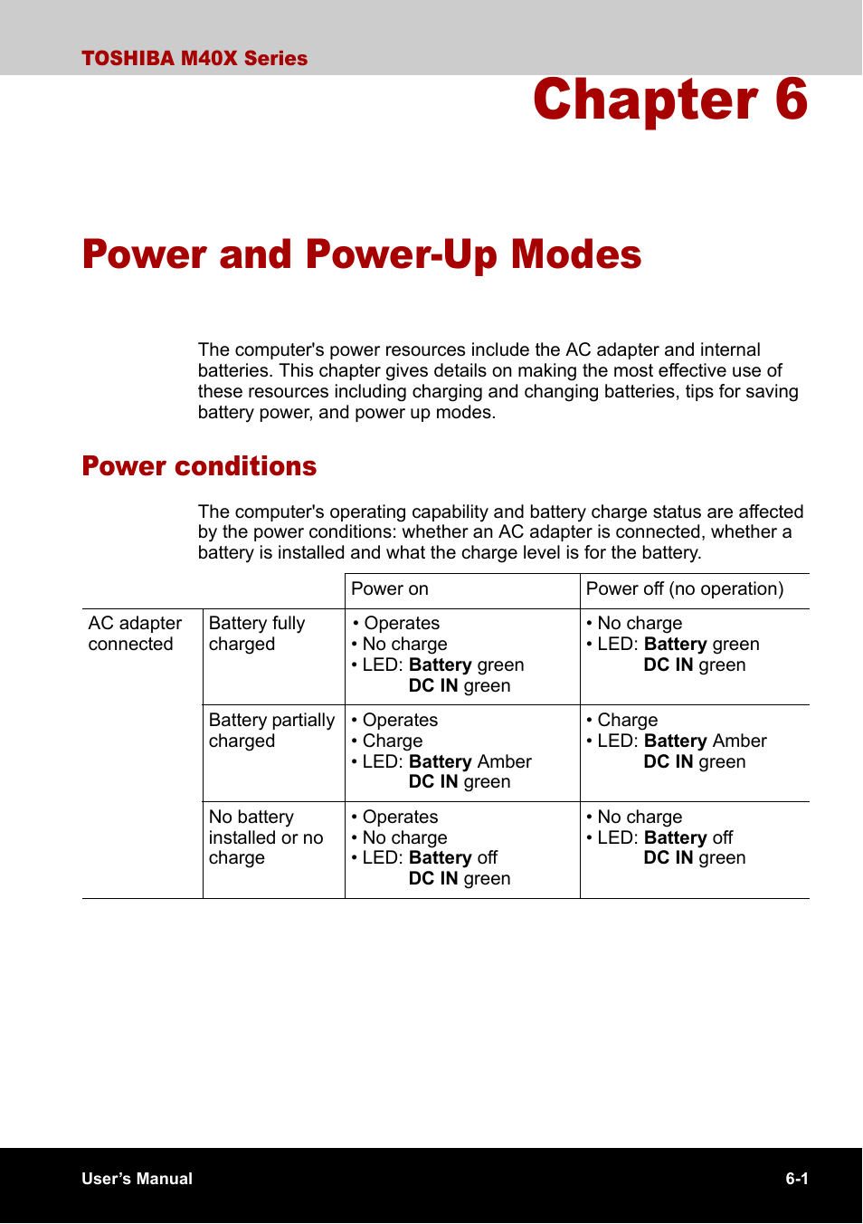 Chapter 6 - power and power-up modes, Power conditions, Chapter 6 | Power and power-up modes, Power conditions -1 | Toshiba Equium M40X User Manual | Page 105 / 170