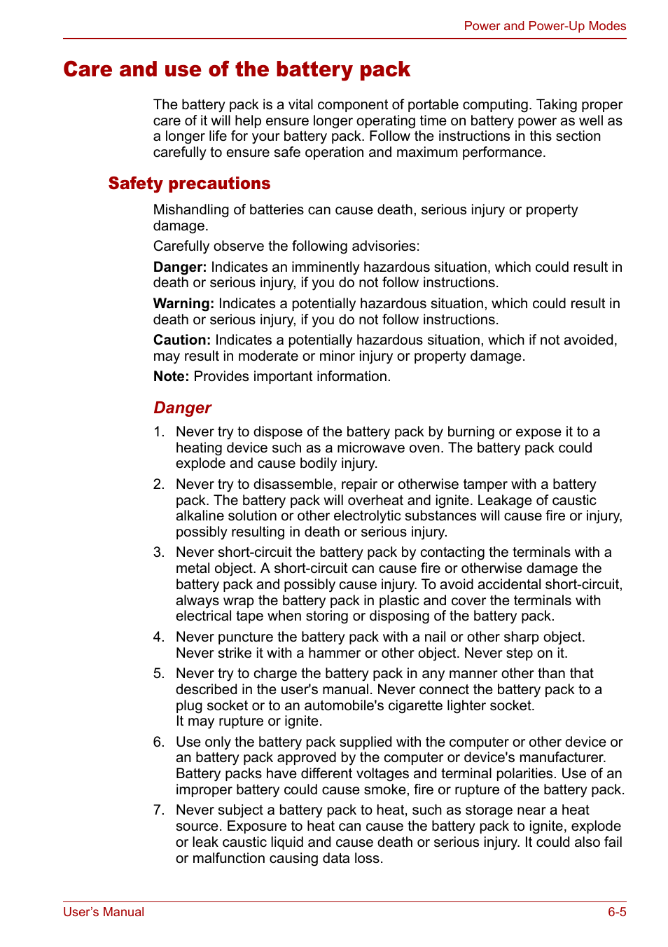 Care and use of the battery pack, Safety precautions, Care and use of the battery pack -5 | Toshiba Equium M40X User Manual | Page 109 / 170