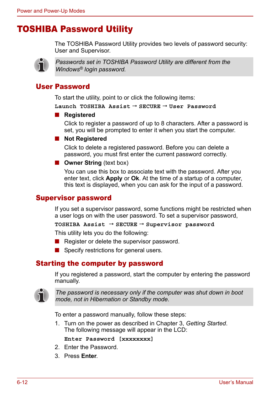 Toshiba password utility, User password, Supervisor password | Starting the computer by password, Toshiba password utility -12 | Toshiba Equium M40X User Manual | Page 116 / 170