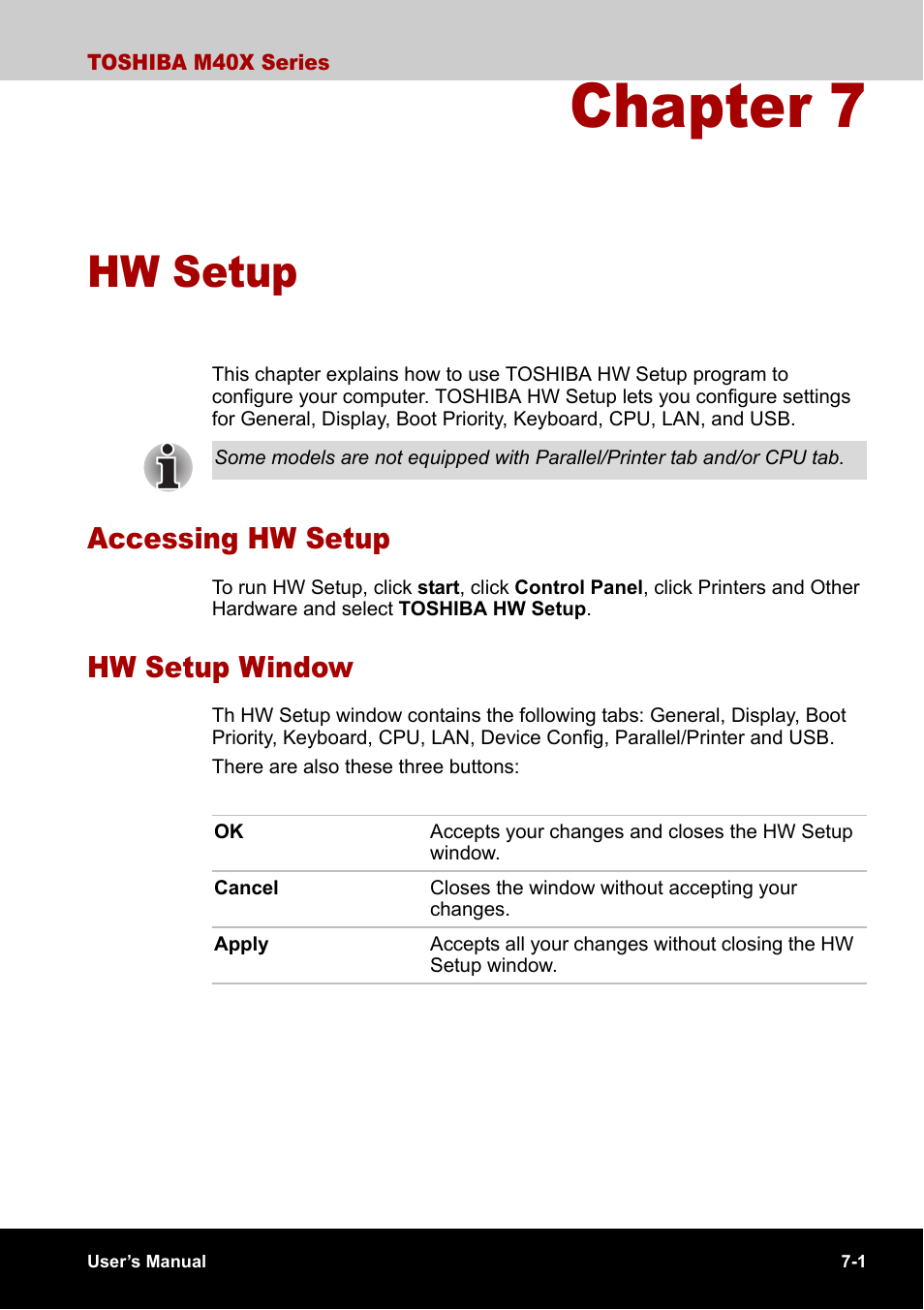 Chapter 7 - hw setup, Accessing hw setup, Hw setup window | Chapter 7, Hw setup, Accessing hw setup -1 hw setup window -1 | Toshiba Equium M40X User Manual | Page 119 / 170