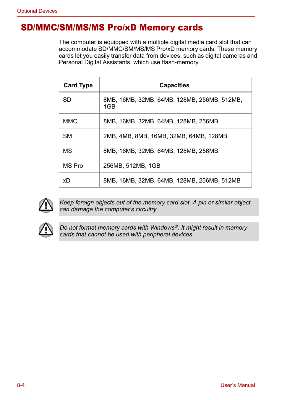 Sd/mmc/sm/ms/ms pro/xd memory cards, Sd/mmc/sm/ms/ms pro/xd memory cards -4 | Toshiba Equium M40X User Manual | Page 126 / 170