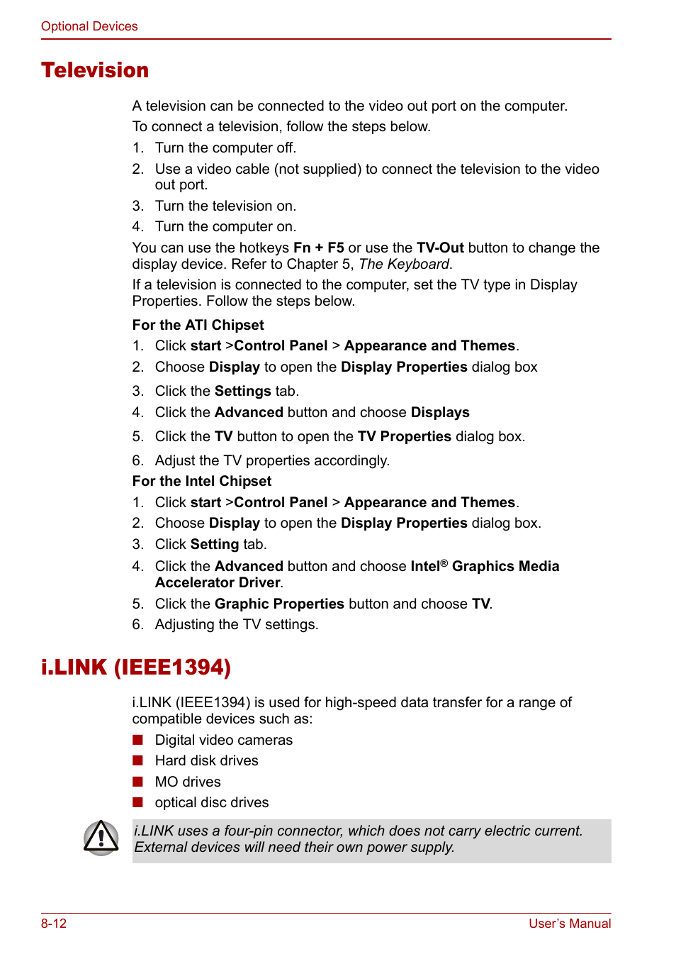 Television, I.link (ieee1394), Television -12 i.link (ieee1394) -12 | Toshiba Equium M40X User Manual | Page 134 / 170