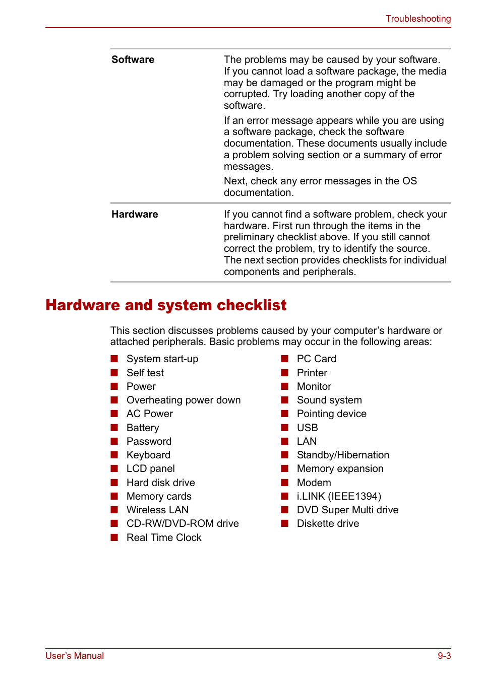 Hardware and system checklist, Hardware and system checklist -3 | Toshiba Equium M40X User Manual | Page 139 / 170