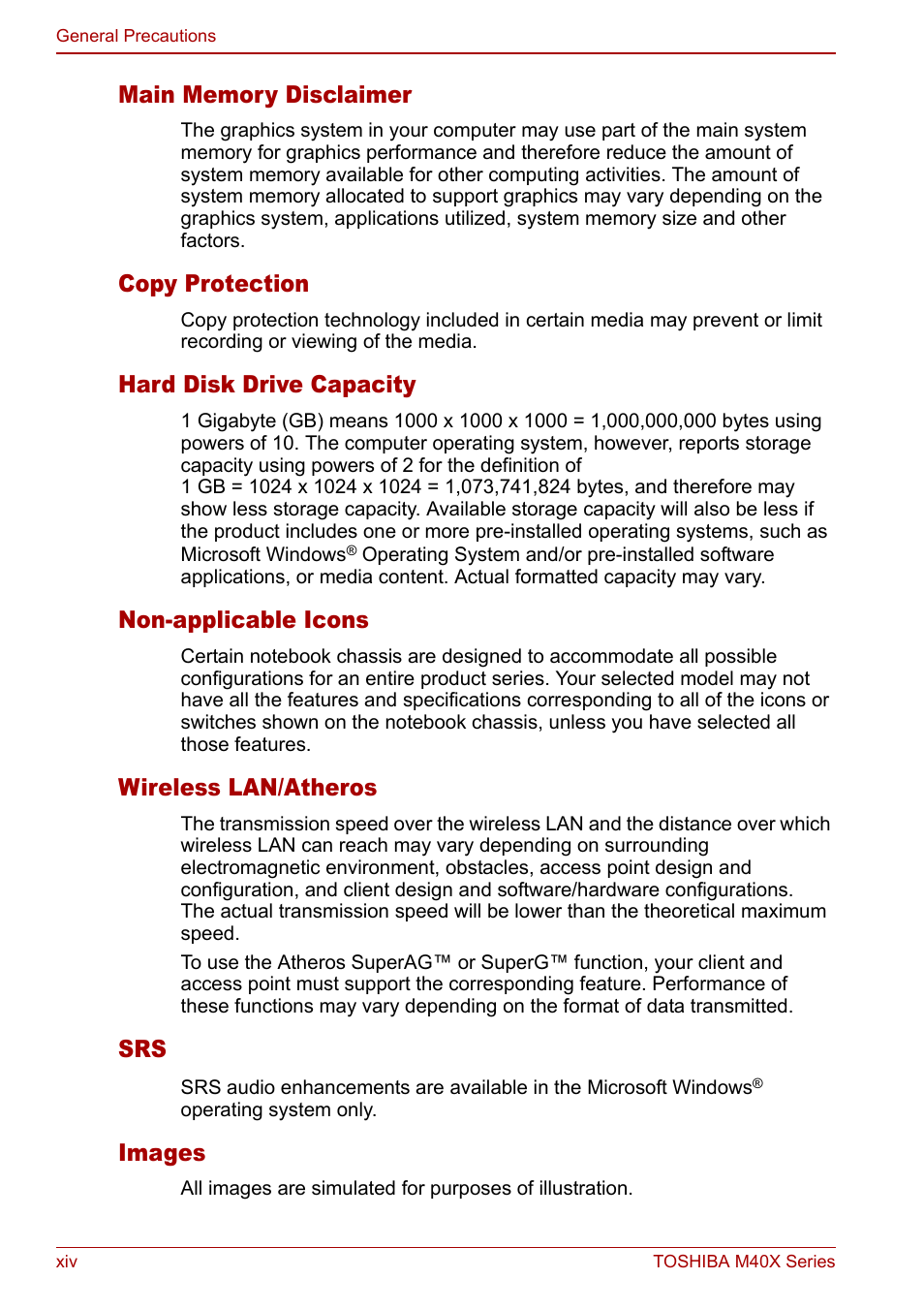 Main memory disclaimer, Copy protection, Hard disk drive capacity | Non-applicable icons, Wireless lan/atheros, Images | Toshiba Equium M40X User Manual | Page 14 / 170