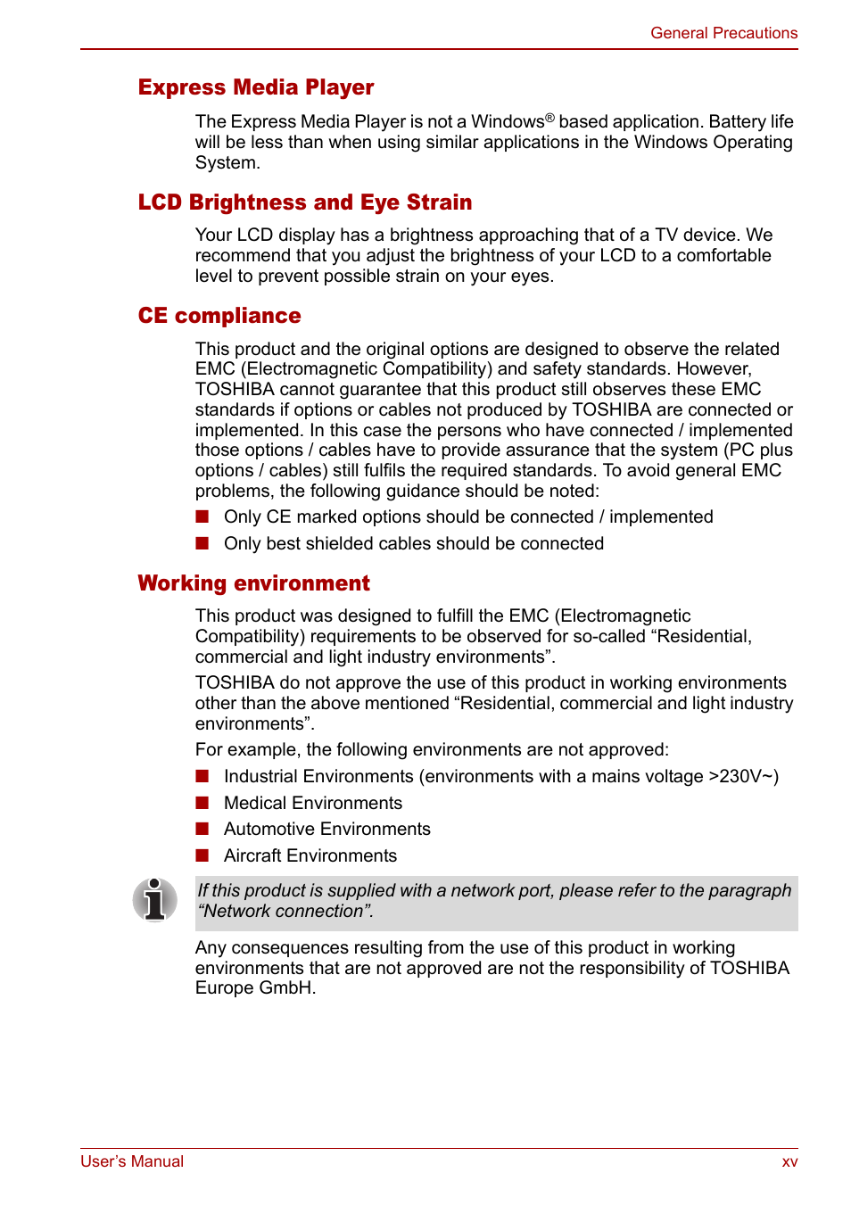 Express media player, Lcd brightness and eye strain, Ce compliance | Working environment | Toshiba Equium M40X User Manual | Page 15 / 170