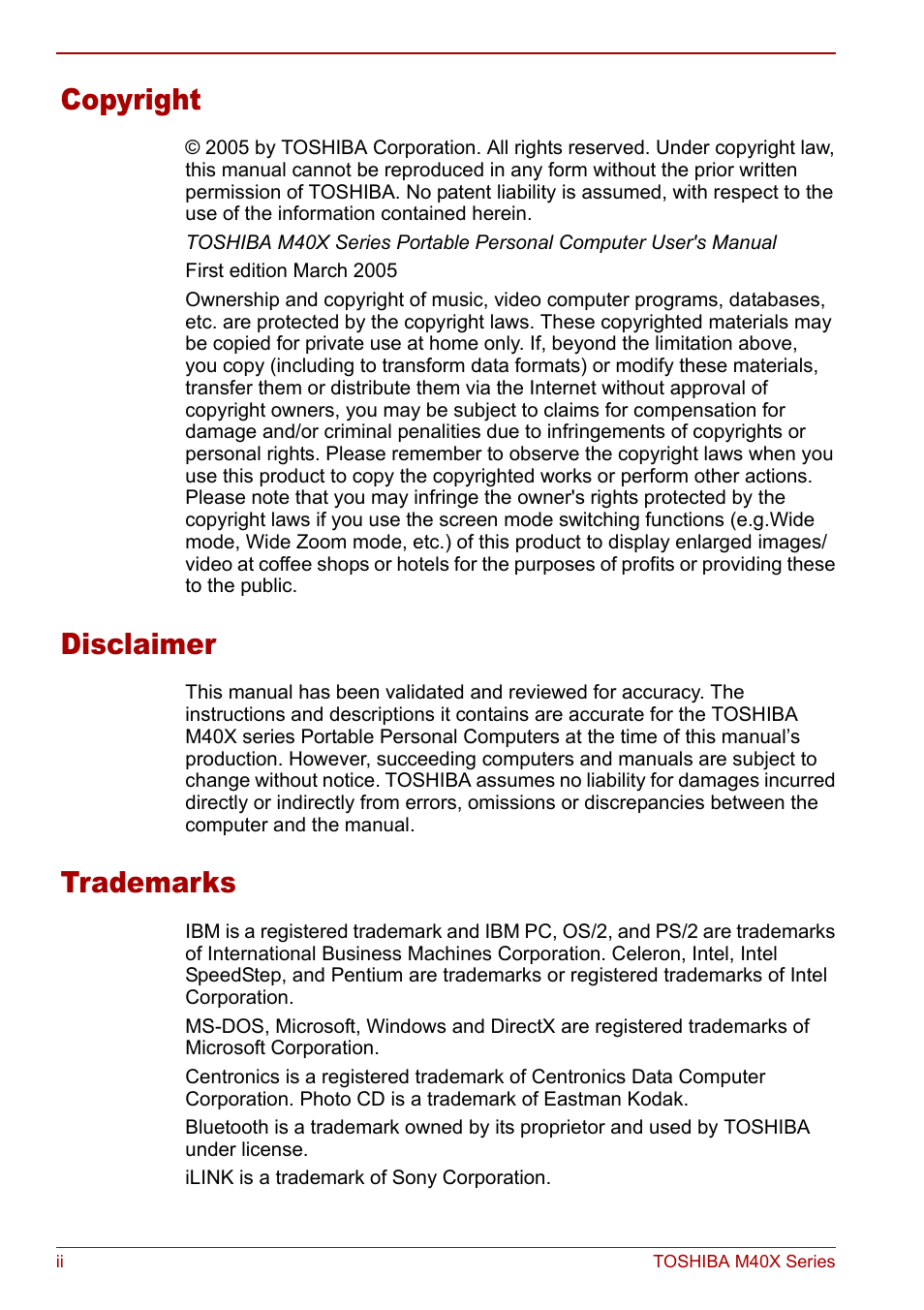 Copyright, Disclaimer, Trademarks | Toshiba Equium M40X User Manual | Page 2 / 170