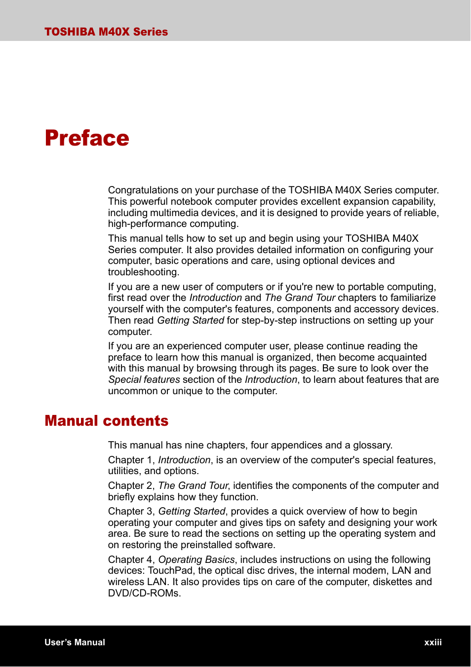 Preface, Manual contents | Toshiba Equium M40X User Manual | Page 23 / 170