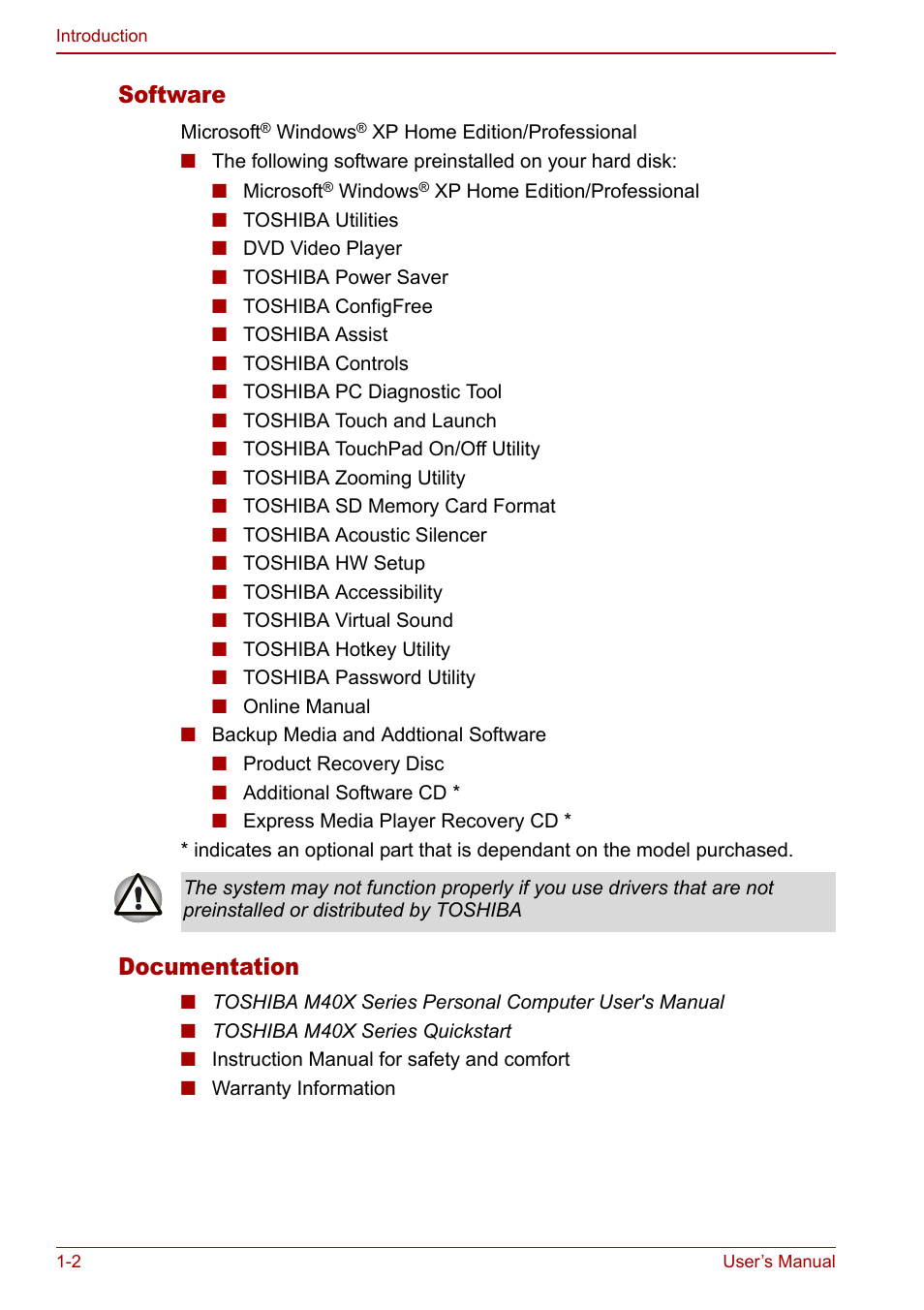 Software, Documentation | Toshiba Equium M40X User Manual | Page 28 / 170