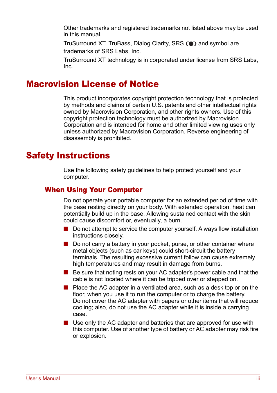 Macrovision license of notice, Safety instructions, When using your computer | Toshiba Equium M40X User Manual | Page 3 / 170