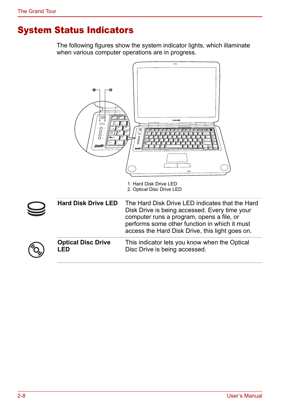 System status indicators, System status indicators -8 | Toshiba Equium M40X User Manual | Page 50 / 170