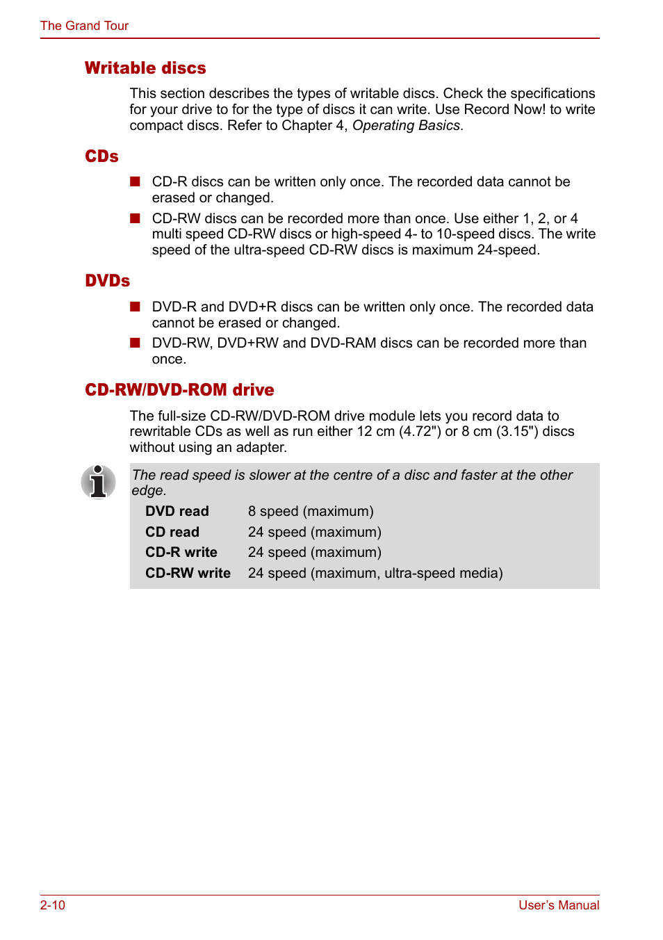 Writable discs, Dvds, Cd-rw/dvd-rom drive | Toshiba Equium M40X User Manual | Page 52 / 170