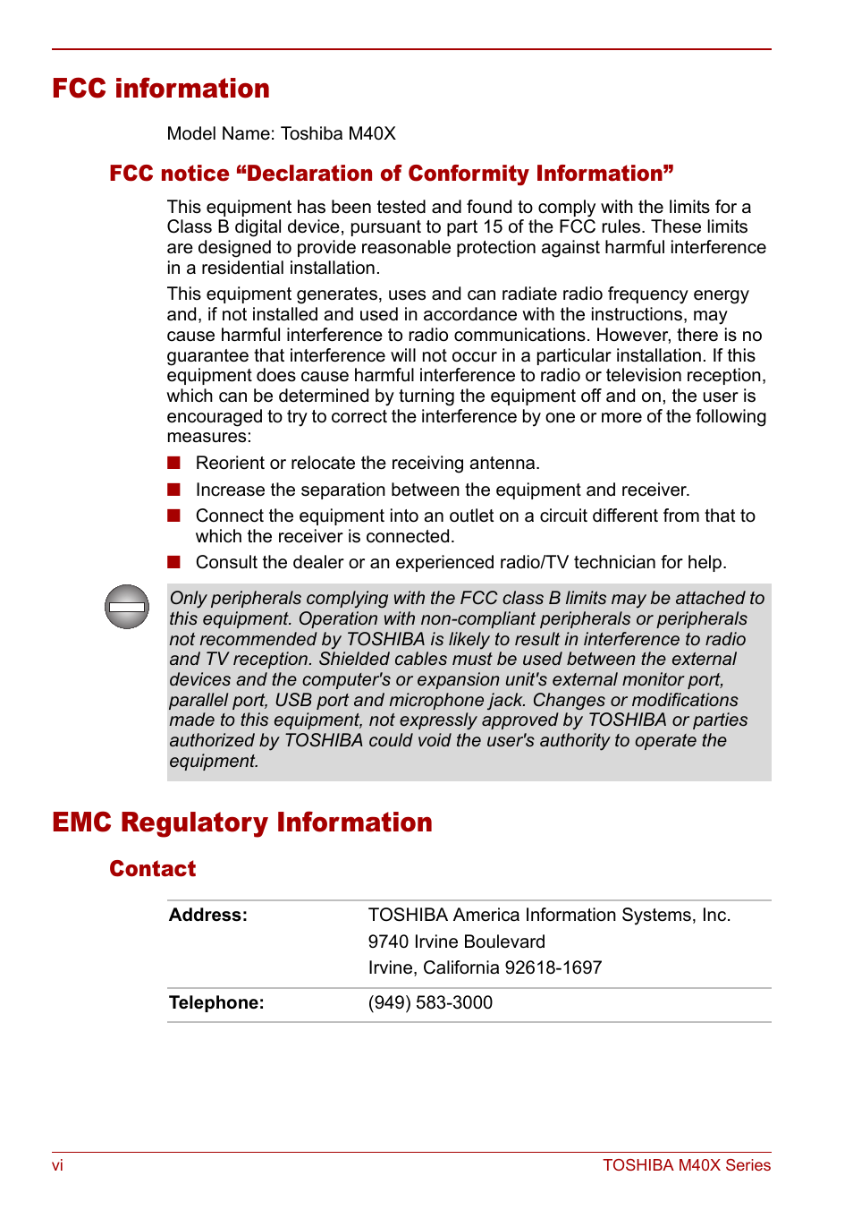 Fcc information, Emc regulatory information | Toshiba Equium M40X User Manual | Page 6 / 170