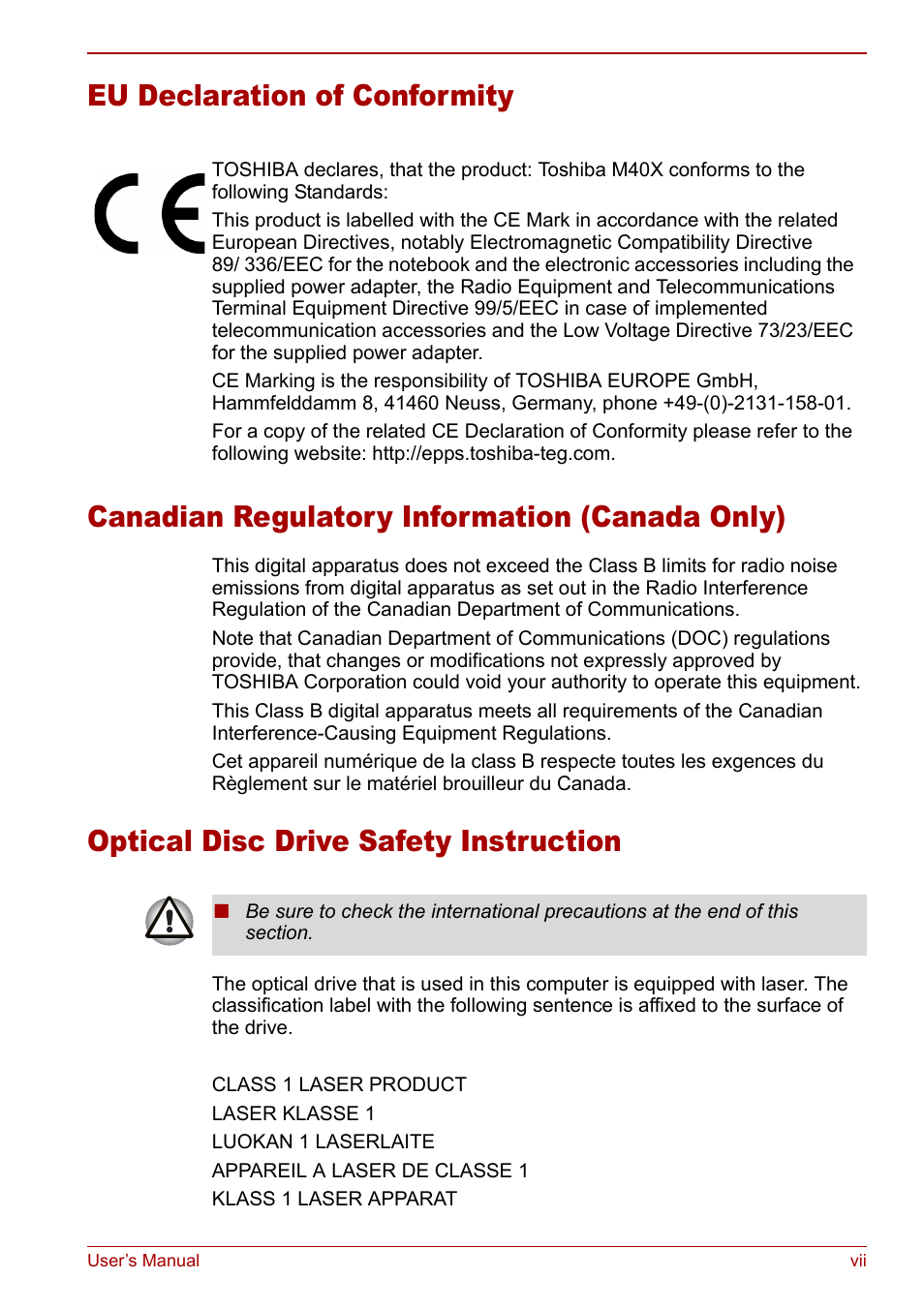 Optical disc drive safety instruction | Toshiba Equium M40X User Manual | Page 7 / 170