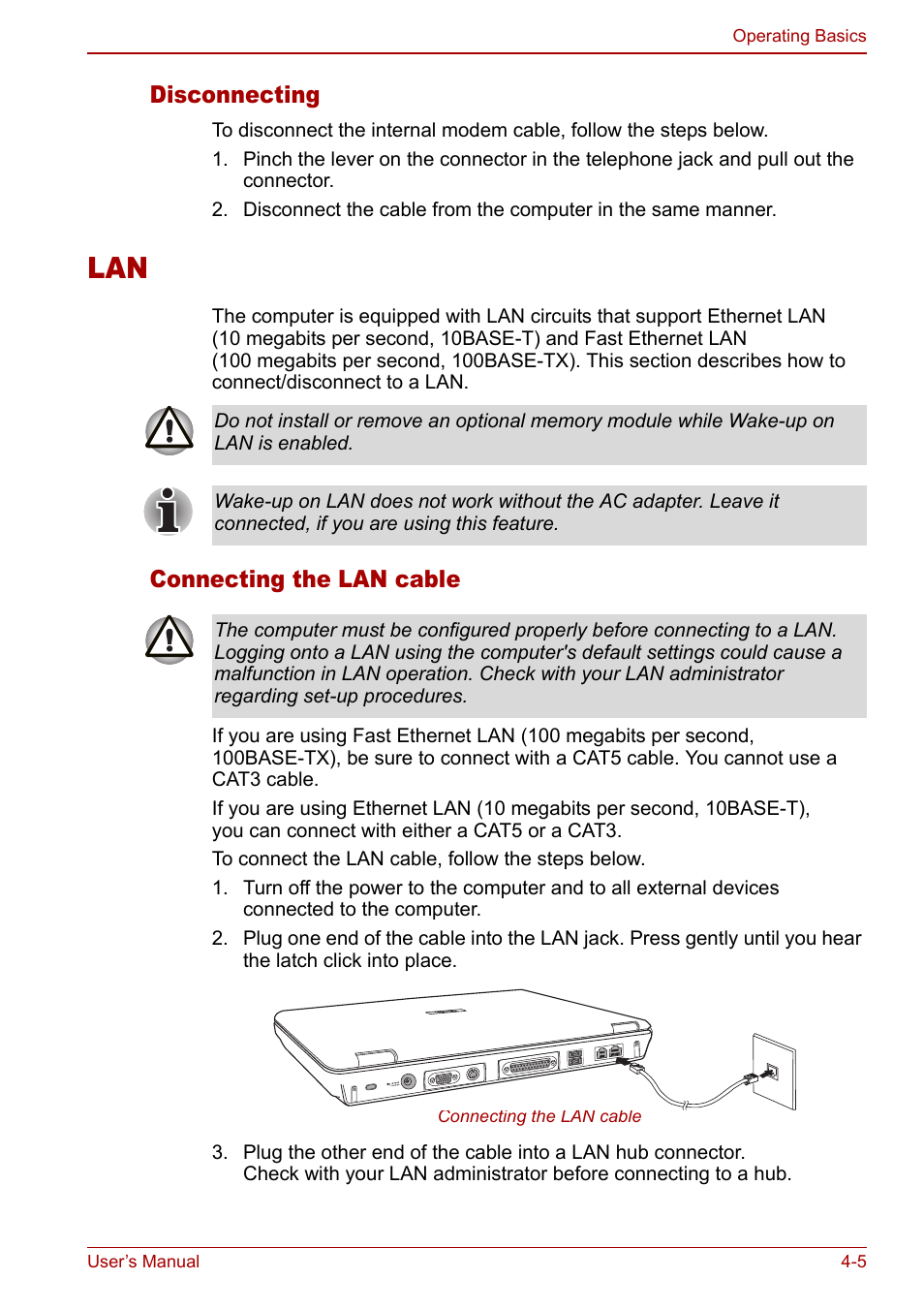 Disconnecting, Connecting the lan cable, Lan -5 | Toshiba Equium M40X User Manual | Page 73 / 170