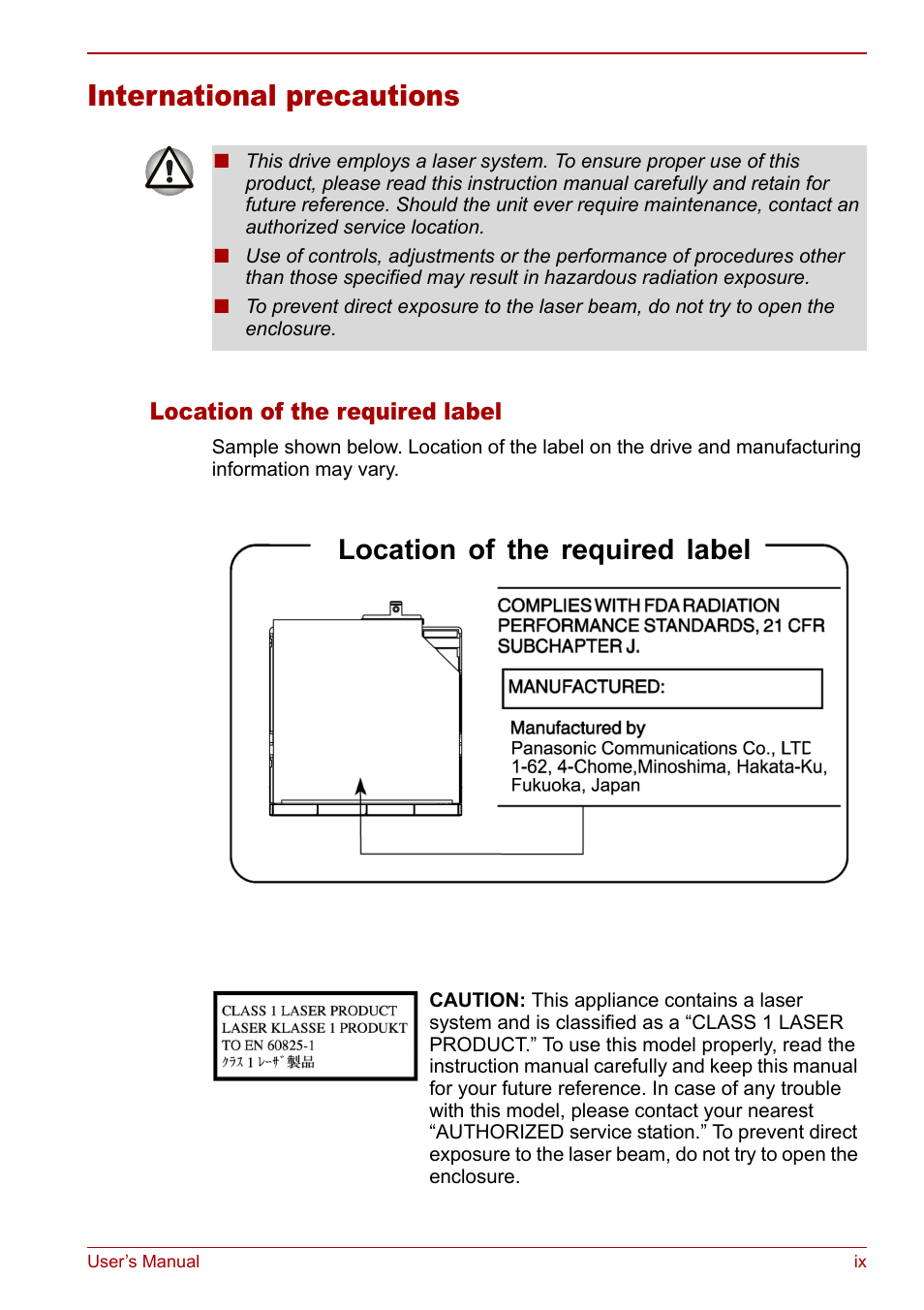 International precautions, Location of the required label | Toshiba Equium M40X User Manual | Page 9 / 170