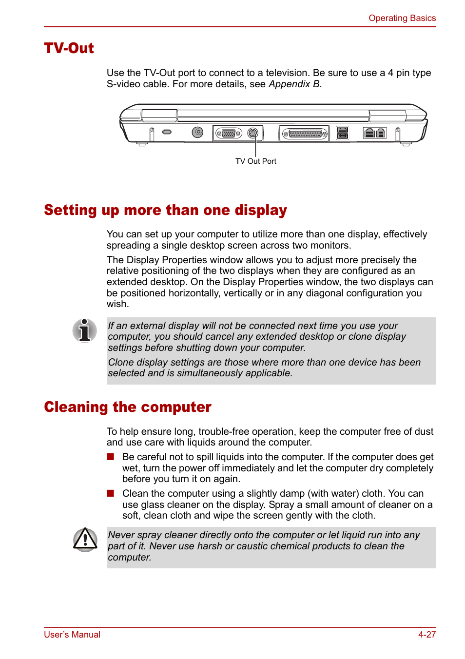 Tv-out, Setting up more than one display, Cleaning the computer | Toshiba Equium M40X User Manual | Page 95 / 170