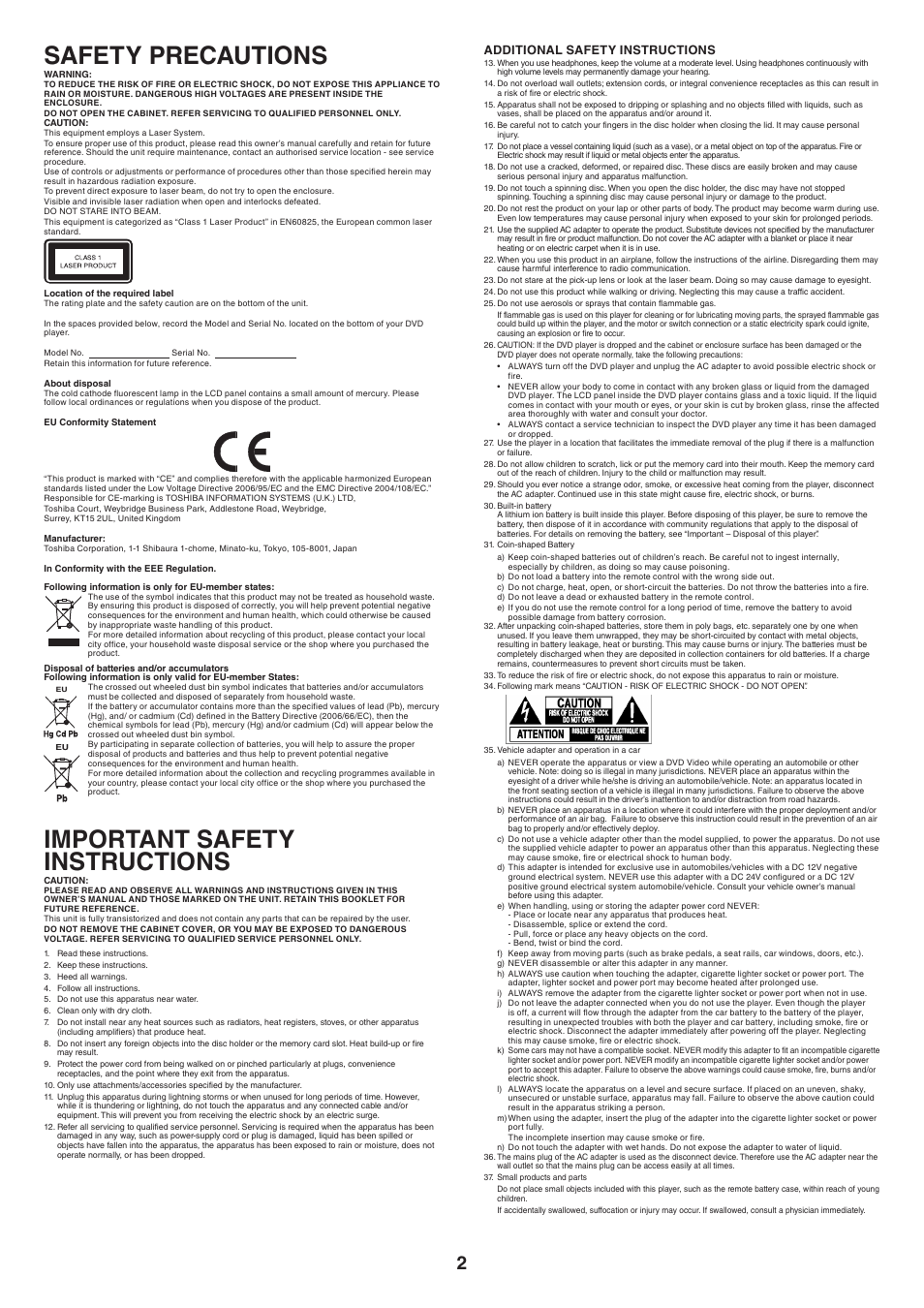 Safety precautions, Important safety instructions | Toshiba SDP97 User Manual | Page 2 / 7