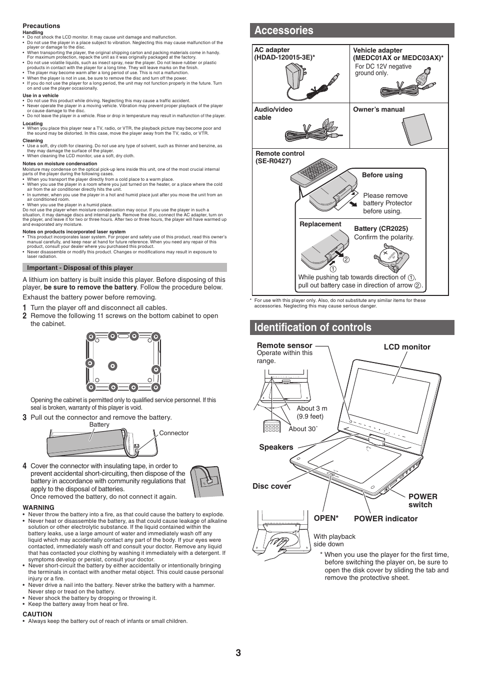 Accessories, Identification of controls | Toshiba SDP97 User Manual | Page 3 / 7