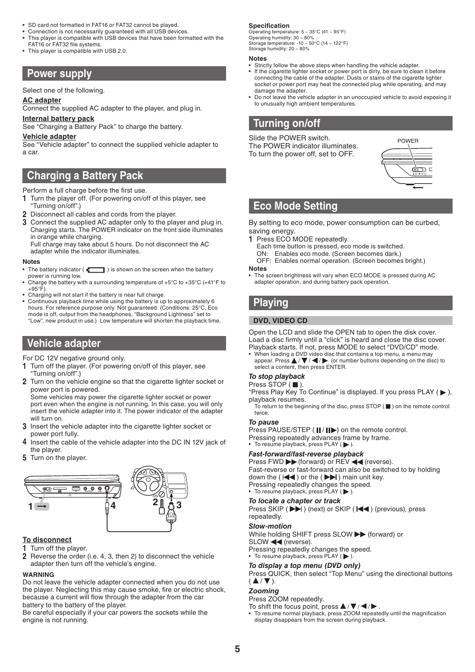 Power supply, Charging a battery pack, Vehicle adapter | Turning on/off, Eco mode setting, Playing | Toshiba SDP97 User Manual | Page 5 / 7