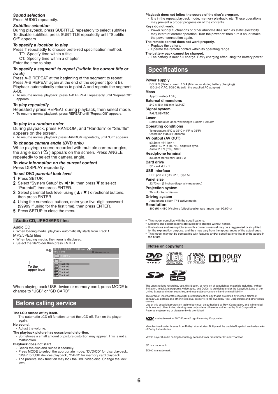 Before calling service, Specifications | Toshiba SDP97 User Manual | Page 6 / 7