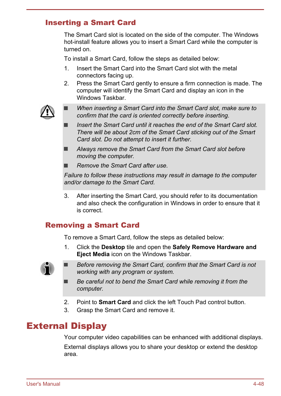 Inserting a smart card, Removing a smart card, External display | External display -48 | Toshiba Satellite Pro A50-A User Manual | Page 101 / 169