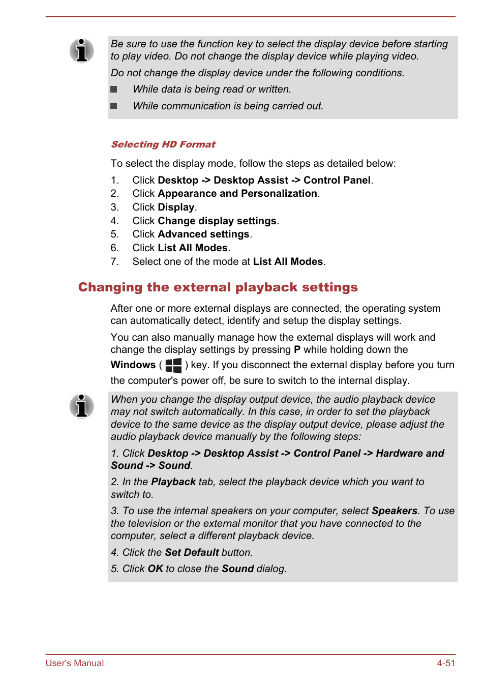 Changing the external playback settings | Toshiba Satellite Pro A50-A User Manual | Page 104 / 169
