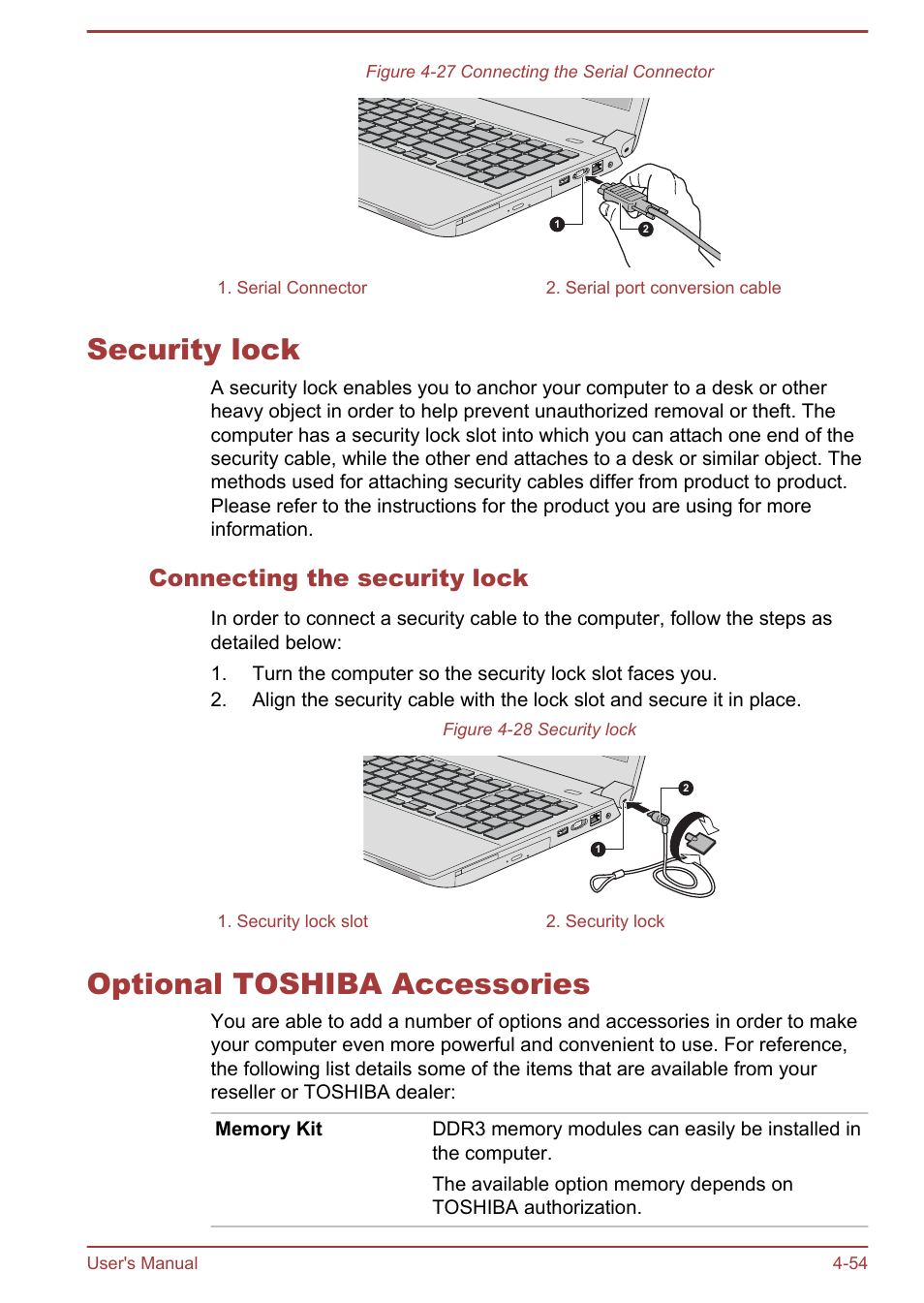 Security lock, Connecting the security lock, Optional toshiba accessories | Security lock -54 optional toshiba accessories -54 | Toshiba Satellite Pro A50-A User Manual | Page 107 / 169