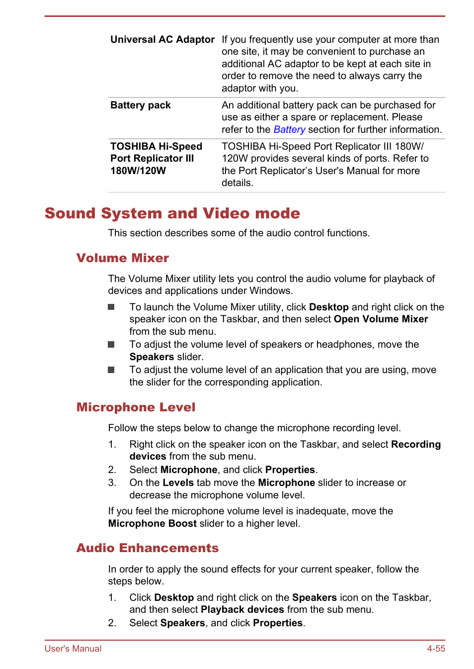 Sound system and video mode, Volume mixer, Microphone level | Audio enhancements, Sound system and video mode -55 | Toshiba Satellite Pro A50-A User Manual | Page 108 / 169