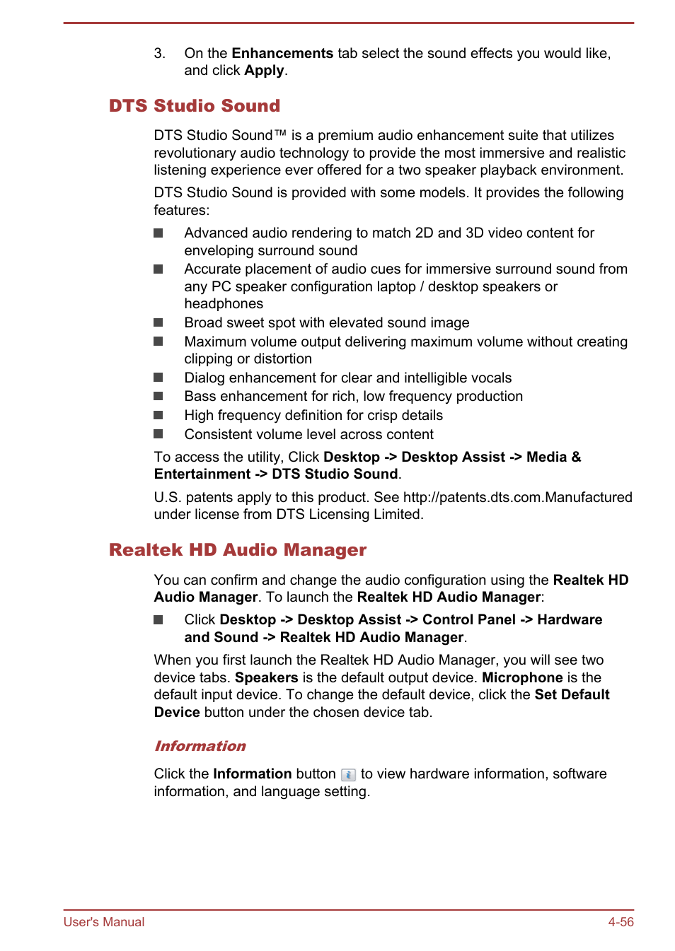 Dts studio sound, Realtek hd audio manager | Toshiba Satellite Pro A50-A User Manual | Page 109 / 169