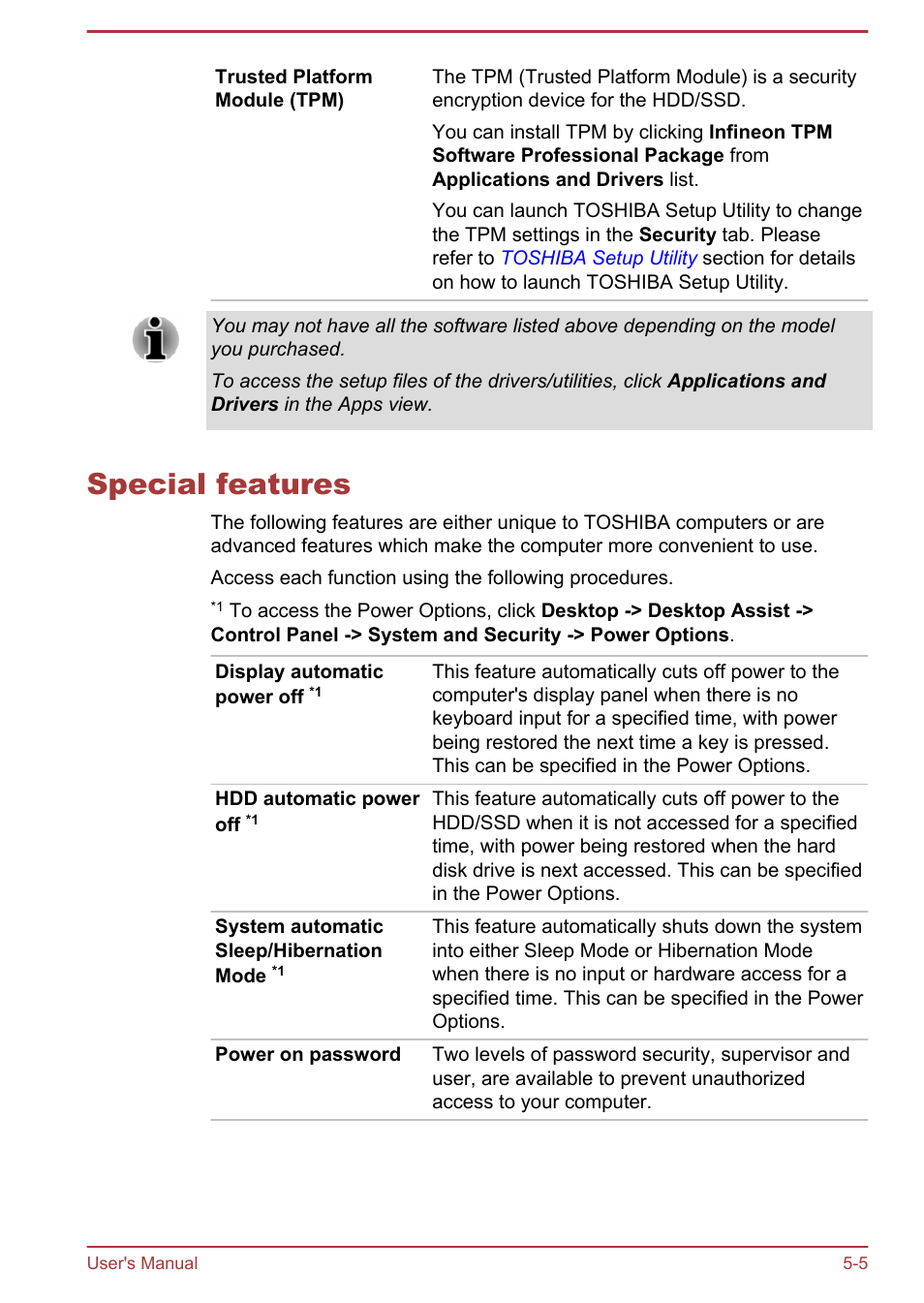Special features, Special features -5 | Toshiba Satellite Pro A50-A User Manual | Page 115 / 169