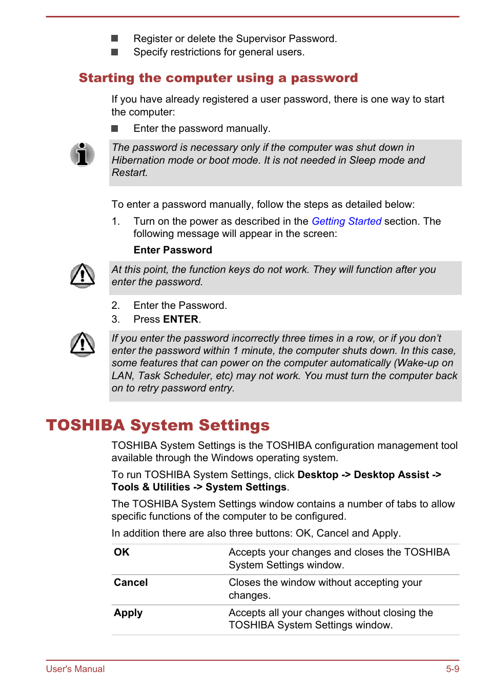 Starting the computer using a password, Toshiba system settings, Toshiba system settings -9 | Toshiba Satellite Pro A50-A User Manual | Page 119 / 169