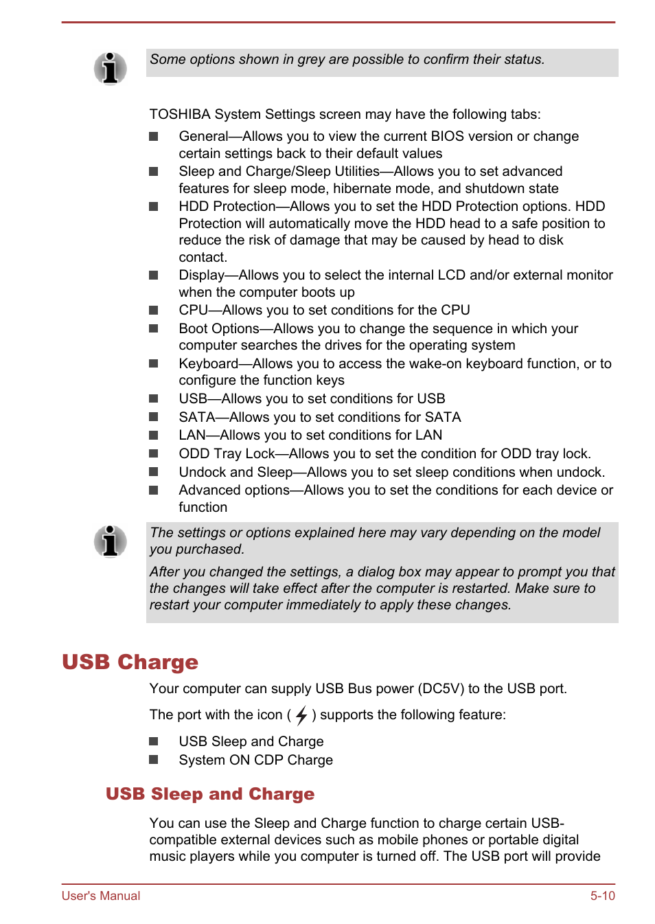 Usb charge, Usb sleep and charge, Usb charge -10 | Toshiba Satellite Pro A50-A User Manual | Page 120 / 169