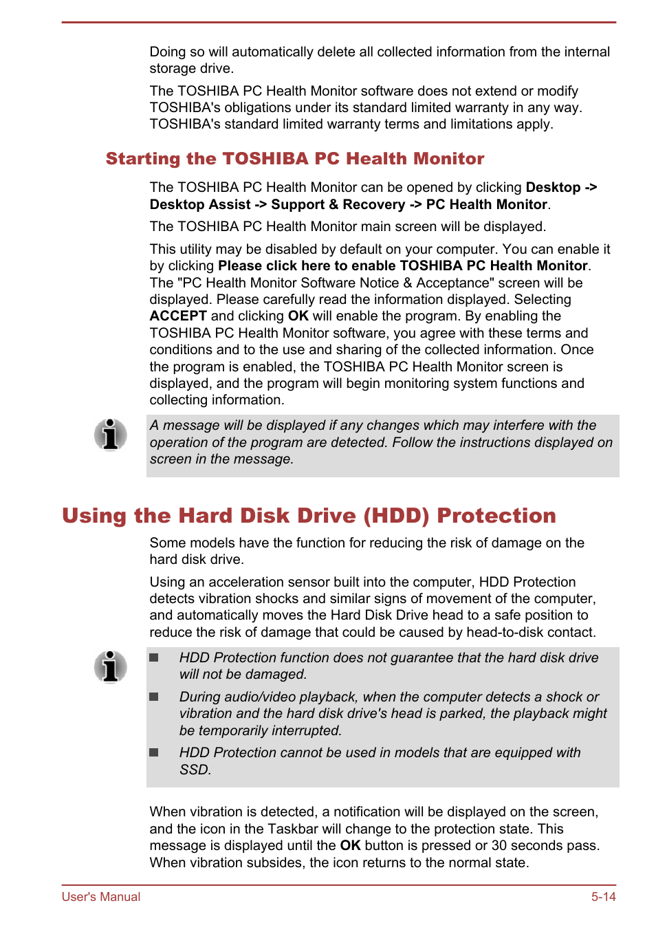 Starting the toshiba pc health monitor, Using the hard disk drive (hdd) protection, Using the hard disk drive (hdd) protection -14 | Toshiba Satellite Pro A50-A User Manual | Page 124 / 169