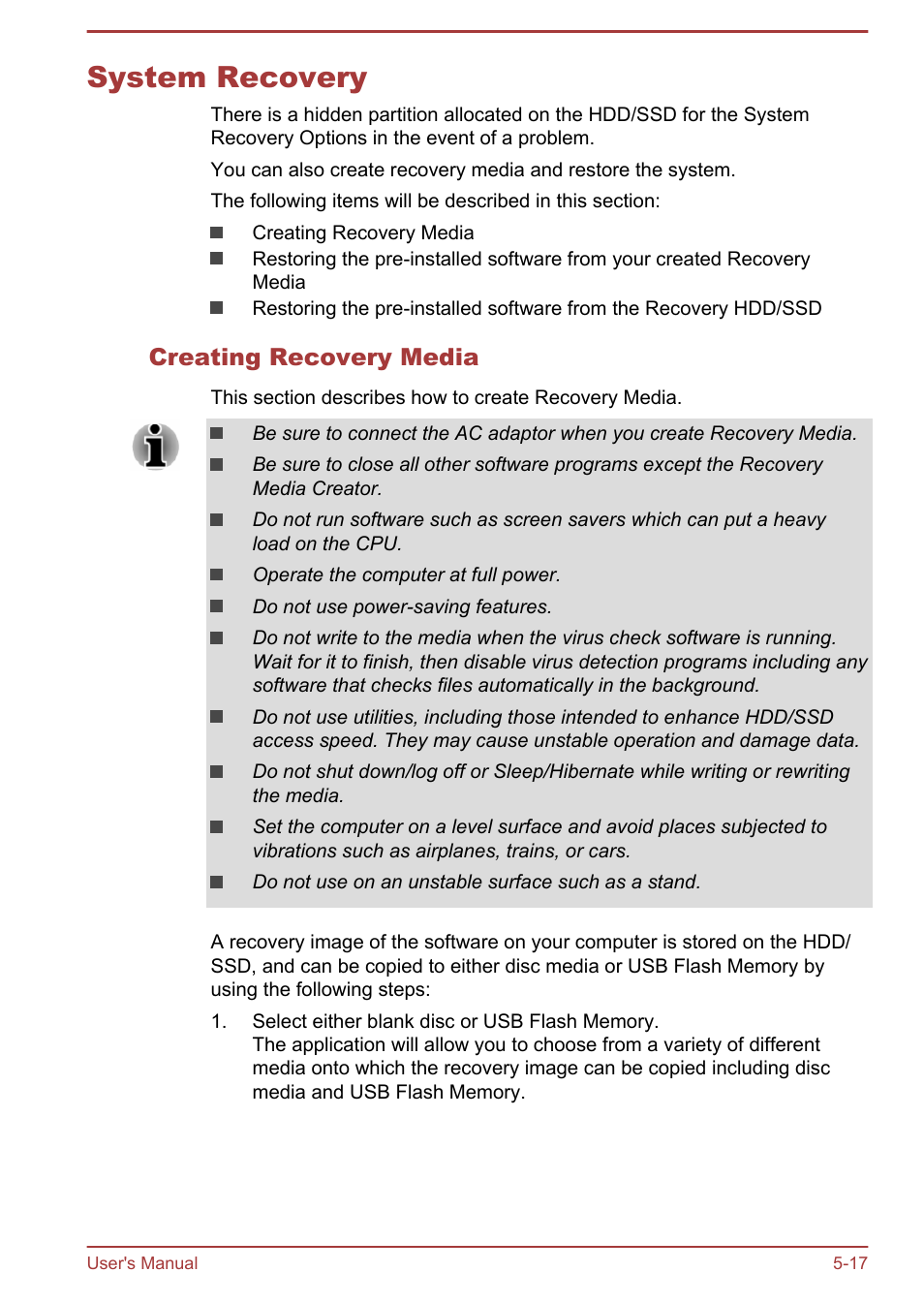 System recovery, Creating recovery media, System recovery -17 | Toshiba Satellite Pro A50-A User Manual | Page 127 / 169