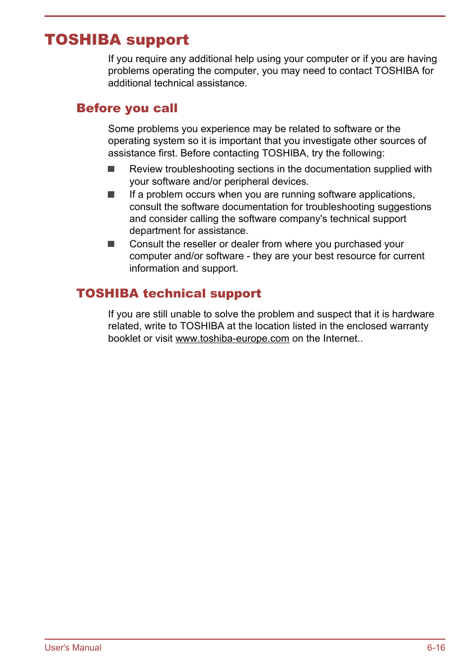 Toshiba support, Before you call, Toshiba technical support | Toshiba support -16 | Toshiba Satellite Pro A50-A User Manual | Page 146 / 169