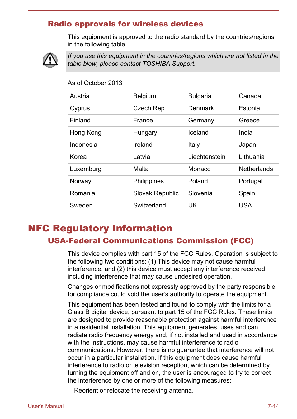 Radio approvals for wireless devices, Nfc regulatory information, Usa-federal communications commission (fcc) | Nfc regulatory information -14 | Toshiba Satellite Pro A50-A User Manual | Page 160 / 169