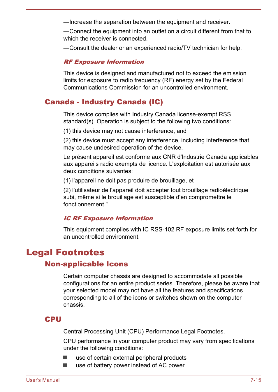 Canada - industry canada (ic), Legal footnotes, Non-applicable icons | Legal footnotes -15, Section | Toshiba Satellite Pro A50-A User Manual | Page 161 / 169
