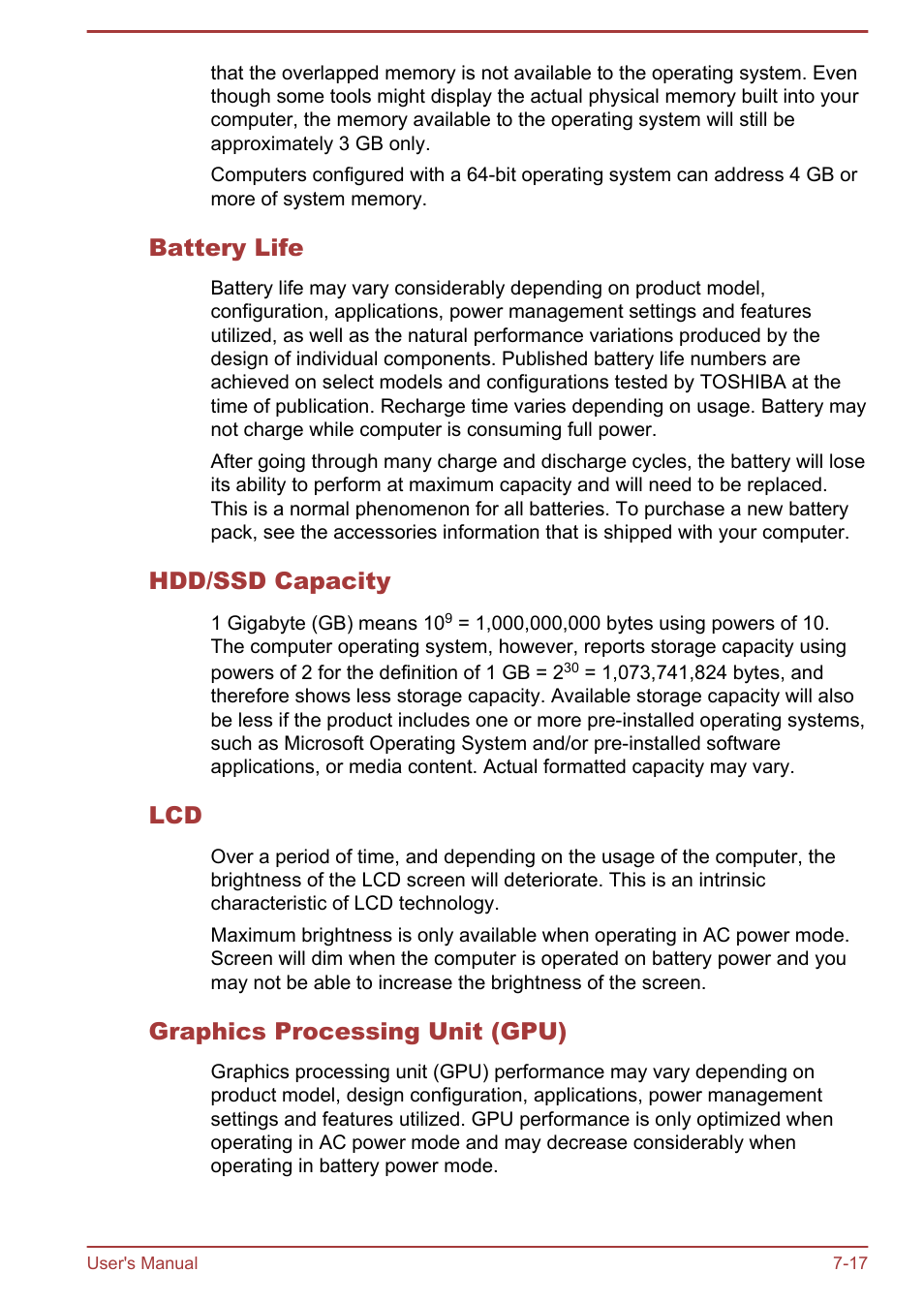 Battery life, Hdd/ssd capacity, Graphics processing unit (gpu) | Toshiba Satellite Pro A50-A User Manual | Page 163 / 169