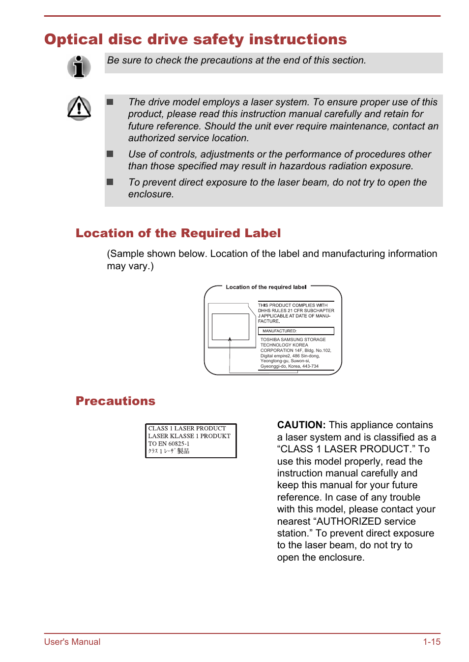 Optical disc drive safety instructions, Location of the required label, Precautions | Optical disc drive safety instructions -15 | Toshiba Satellite Pro A50-A User Manual | Page 18 / 169