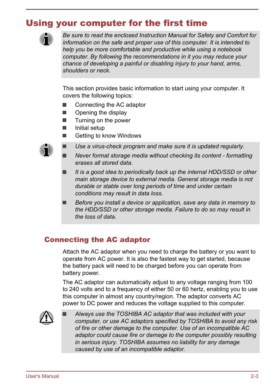 Using your computer for the first time, Connecting the ac adaptor, Using your computer for the first time -3 | Toshiba Satellite Pro A50-A User Manual | Page 25 / 169
