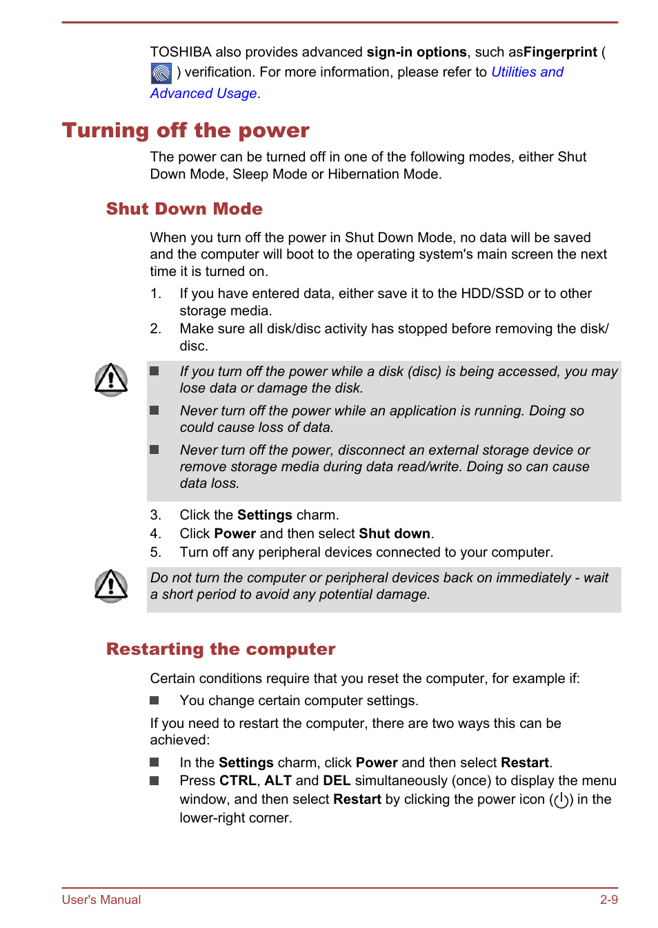 Turning off the power, Shut down mode, Restarting the computer | Turning off the power -9 | Toshiba Satellite Pro A50-A User Manual | Page 31 / 169