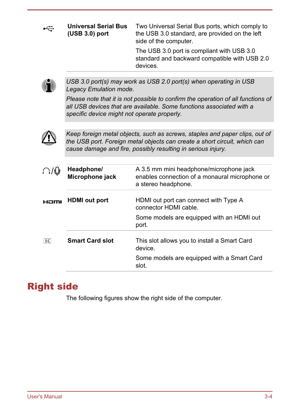 Right side, Right side -4 | Toshiba Satellite Pro A50-A User Manual | Page 39 / 169