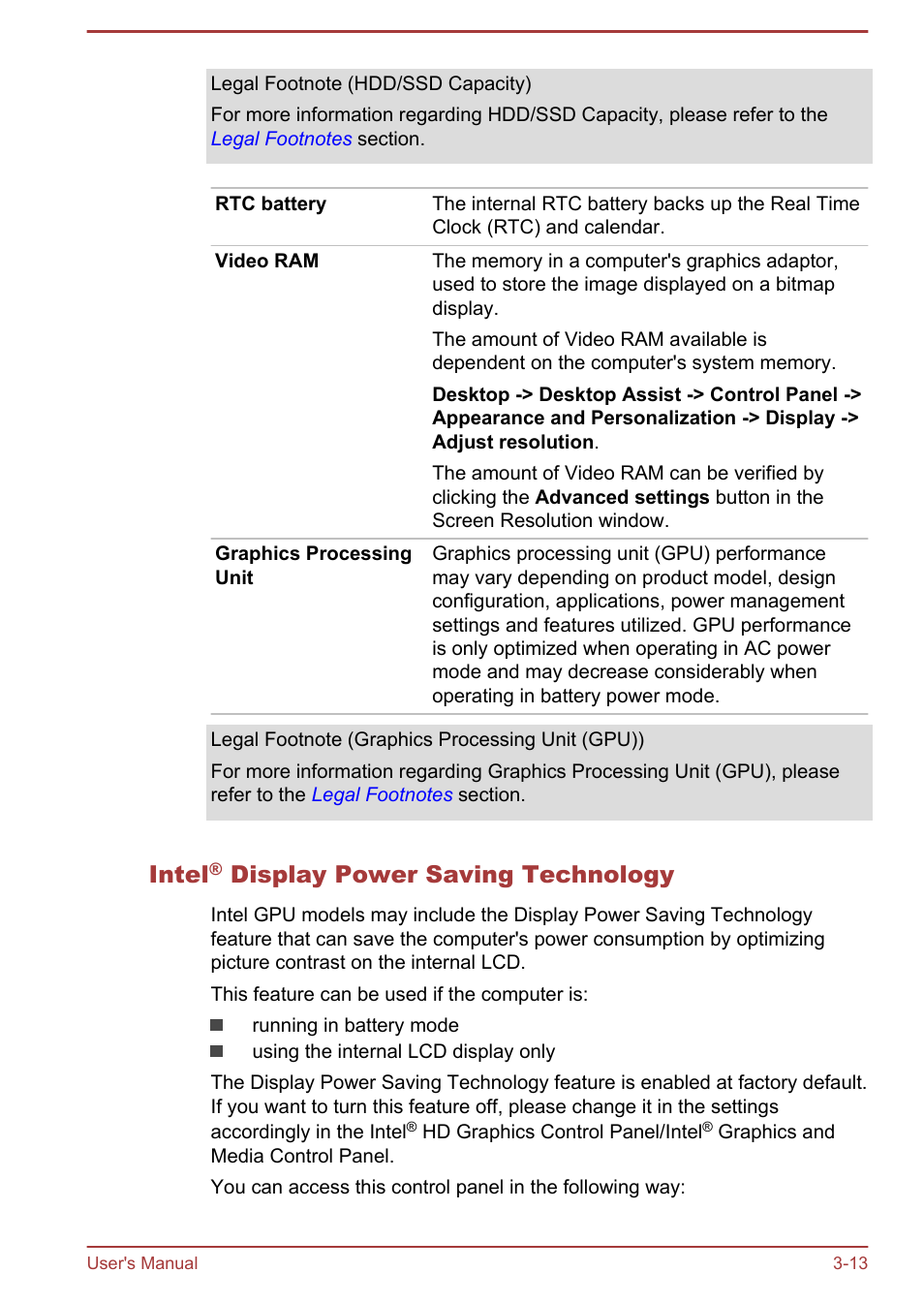 Intel® display power saving technology, Intel, Display power saving technology | Toshiba Satellite Pro A50-A User Manual | Page 48 / 169