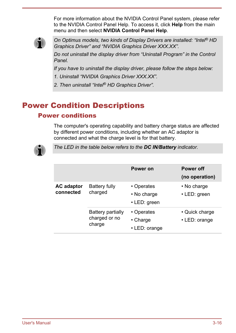 Power condition descriptions, Power conditions, Power condition descriptions -16 | Toshiba Satellite Pro A50-A User Manual | Page 51 / 169