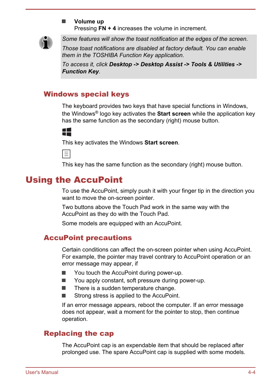 Windows special keys, Using the accupoint, Accupoint precautions | Replacing the cap, Using the accupoint -4 | Toshiba Satellite Pro A50-A User Manual | Page 57 / 169