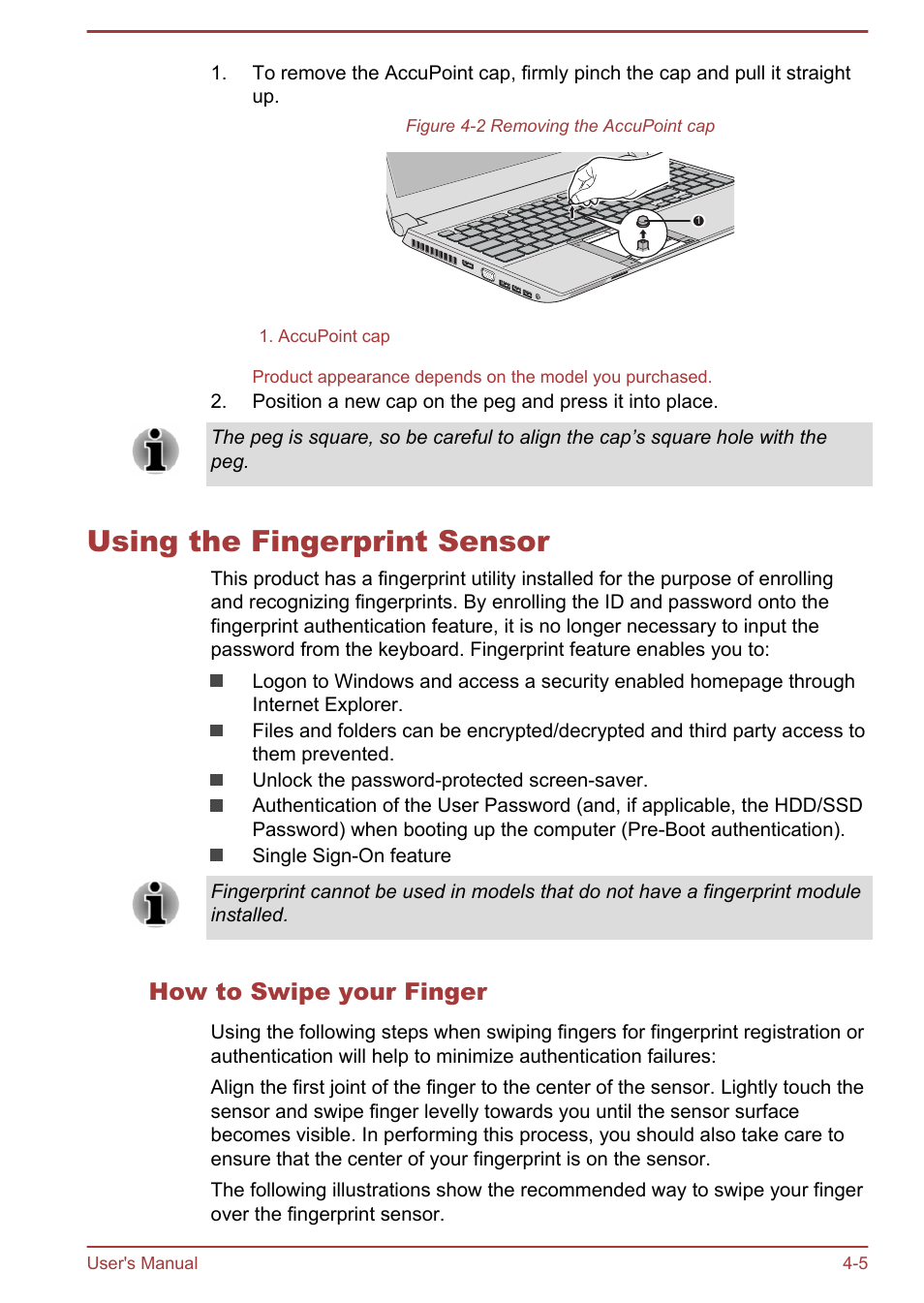 Using the fingerprint sensor, How to swipe your finger, Using the fingerprint sensor -5 | Toshiba Satellite Pro A50-A User Manual | Page 58 / 169