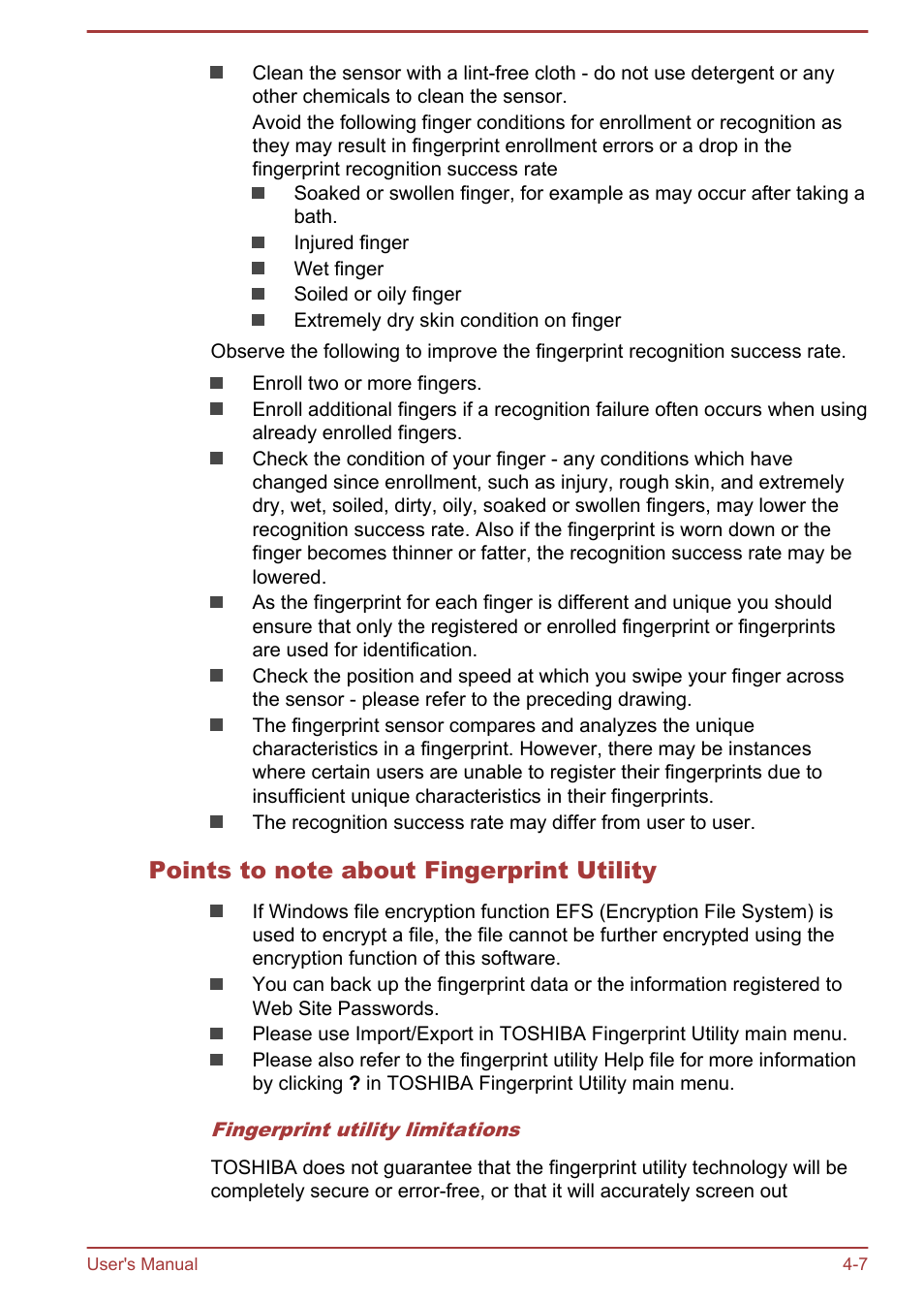 Points to note about fingerprint utility | Toshiba Satellite Pro A50-A User Manual | Page 60 / 169