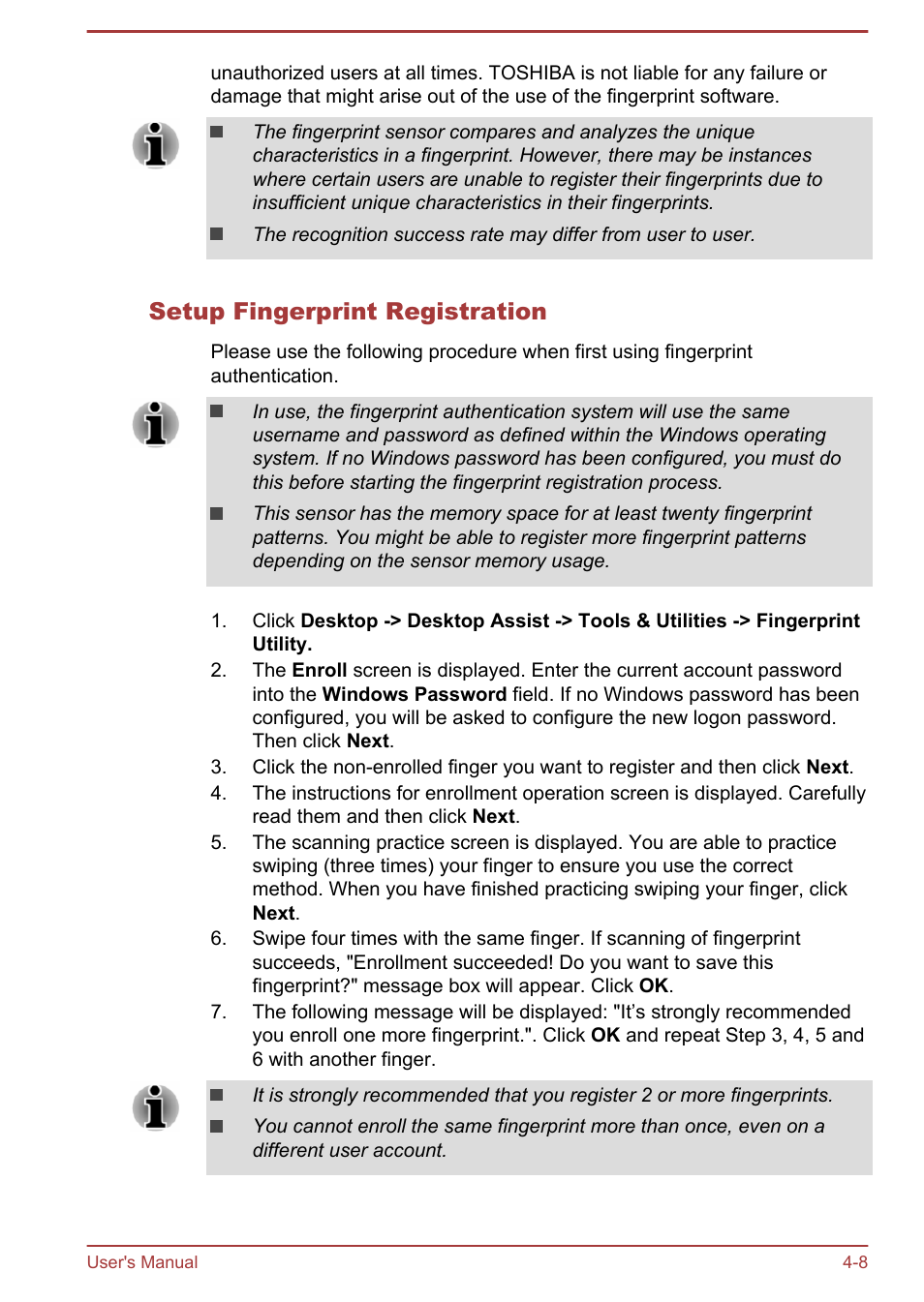 Setup fingerprint registration | Toshiba Satellite Pro A50-A User Manual | Page 61 / 169