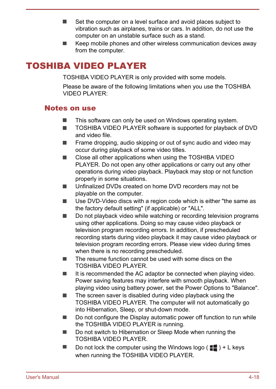 Toshiba video player, Notes on use, Toshiba video player -18 | Toshiba Satellite Pro A50-A User Manual | Page 71 / 169